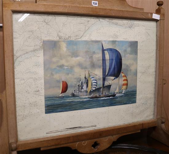 An oak framed firescreen inset with a marine watercolour, W.102cm